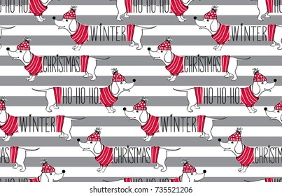 Holidays seamless pattern with funny dog. Happy new year pets. Merry christmas background. Winter design.Cartoon animals. Xmas 2018 card. 