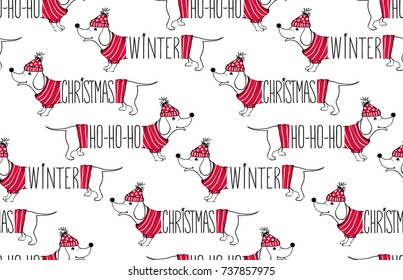 Holidays seamless pattern with funny dog. Happy new year pets. Merry christmas background. Winter design.Cartoon animals. Xmas 2018 card. 