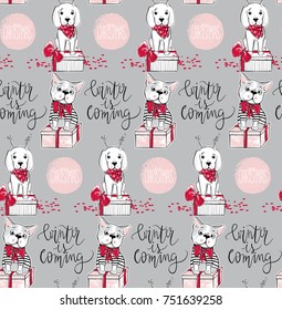 Holidays seamless pattern with funny dog. Happy new year pets. Merry christmas background. Winter design.Cartoon animals. Xmas 2018 card. 