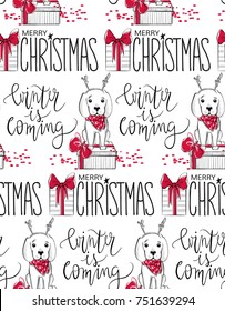 Holidays seamless pattern with funny dog. Happy new year puppy. Merry christmas background. Winter design. Cartoon animals. Xmas 2018 card. 