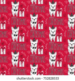 Holidays seamless pattern with funny dog. Happy new year pets. Merry christmas background. Winter design.Cartoon animals. Xmas 2018 card. 