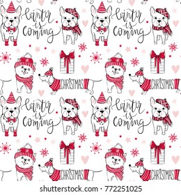 Holidays seamless pattern with funny dogs, gift box lettering. Happy new year pets. Merry christmas background. Winter design.Cartoon animals. Xmas 2018 card. Ideal for wrapping paper, cover, textile.