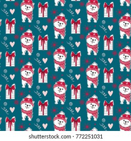 Holidays seamless pattern with funny dogs, gift box lettering. Happy new year pets. Merry christmas background. Winter design.Cartoon animals. Xmas 2018 card. Ideal for wrapping paper, cover, textile.