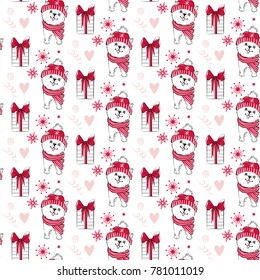 Holidays seamless pattern with funny dogs, gift box lettering. Happy new year pets. Merry christmas background. Winter design.Cartoon animals. Xmas 2018 card. Ideal for wrapping paper, cover, textile.