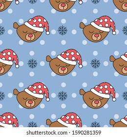 Holidays seamless pattern with funny teddy bear. Hand drawn vector teddy, trees. Merry christmas background. Xmas 2021 card.