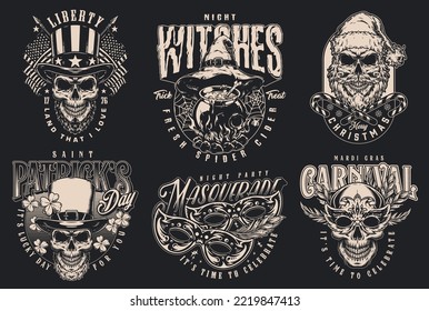Holidays set vintage posters monochrome Santa skull and hat head for St. Patrick day or USA Independence Day vector illustration
