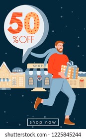 Holidays shopping. Christmas and Happy New Year sales banner. Happy man running with Christmas gift on the background of shops. Vector illustration.