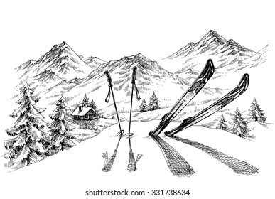 Holidays At Ski Background, Mountains Panorama In Winter Sketch