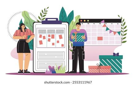 Holidays social media content. Woman and man with box with gift in hands near calendar with dates. SMM specialists and content creators. Flat vector illustration isolated on white background