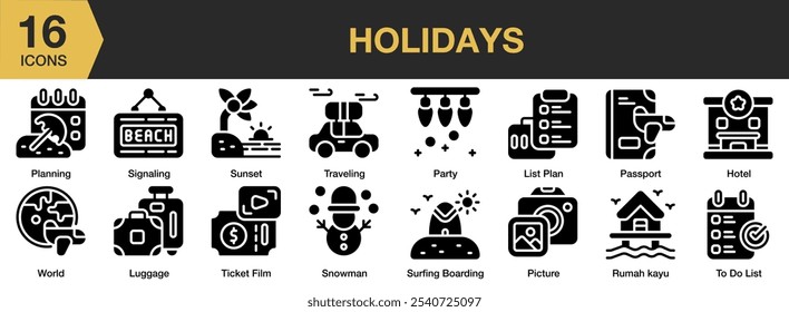 Holidays solid icon set. Includes picture, planning, snowman, sunset, surfing, ticket, and More. Solid icons vector collection.