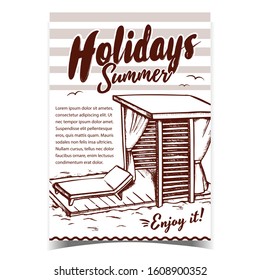 Holidays Summer Beach Advertising Poster Vector. Deck Chair And Wooden Canopy On Beach. Comfortable And Modern, Elegance And Luxurious Lounge Place Designed In Vintage Style Illustration