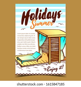 Holidays Summer Beach Advertising Poster Vector. Deck Chair And Wooden Canopy On Beach. Comfortable And Modern, Elegance And Luxurious Lounge Place Designed In Vintage Style Illustration