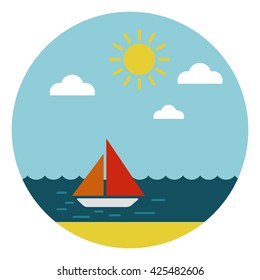 Holidays summer ocean, boat and beach vector icon.