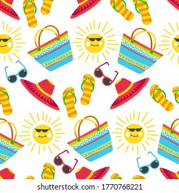 Vacaciones en verano, patrón sin fisuras de accesorios femeninos y carácter solar. Bolso de playa con sombrero, sandalias y gafas de sol. recreación en verano por mar, ropa turística, vector en plano