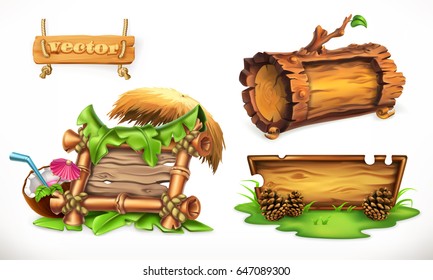 Holidays In The Summertime, Wooden Sign Can Be Used For A Summer Camp, For Beach Party. 3d Vector Set With Wood Banners