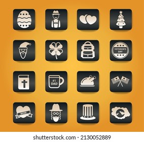 Holidays symbols on black buttons on yellow background