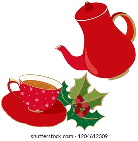 Holidays Tea Party, red teacup and pot