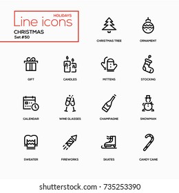 Holidays theme, Christmas - line design icons set. Symbols: tree, ornament, gift, candles, mittens, stocking, calendar, wine glasses, champagne, snowman, sweater, skate, fireworks, candy cane