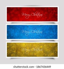 Feiertage drei Banner mit Grußtext Fröhlicher Feiertag, Frohe Weihnachten und Glück Neues Jahr. Vektorgrafik 