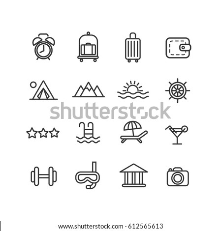 Holidays and travel. Line icon set.