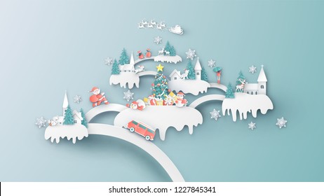 Holidays, travel to various places in the Christmas season. Happy Village in Christmas. Creative design for Christmas festive. paper cut and craft design. vector, illustration.