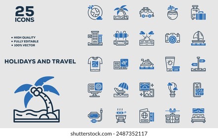 Holidays and Travels Set of high-quality icons that are suitable for Holidays and Travels . And change your next projects with minimalist icon design, perfect for websites, mobile apps, books