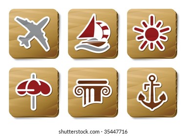 Holidays and Treval icons. Vector icon set. Three color icons on cardboard tags.