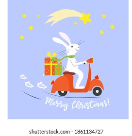 Holidays trip in motorbike, scooter. Fanny bunny, rabbit goes in moped with gift boxes, christmas gifts. Merry chistmas greeting card, banner, flat vector illustration, isolated objects.