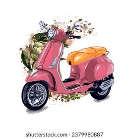 Holidays trip on scooter. Pink moped with flowers. Flat vector illustration, isolated objects. Hand drawing vector illustration