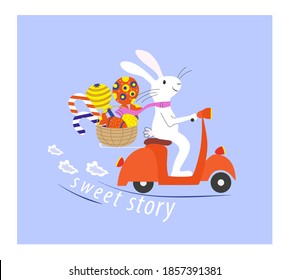 Holidays trip in vespa. Fanny bunny, rabbit goes in moped with candy, lollipop, caramel, christmas sweets. Flat vector illustration, isolated objects.