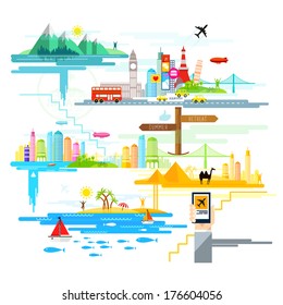 Holidays and Trips Abroad! A vector illustration, flat design with holiday and travel destinations across the world.