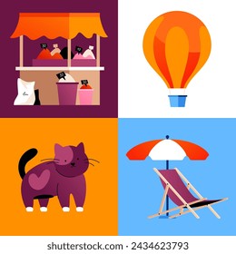 Vacaciones en Turquía - conjunto de ilustraciones de estilo de diseño plano. Imágenes de colores de globo aerostático volador, mercado de especias, sombrilla y tumbona para la playa, lindo gato. Vacaciones de verano en un país exótico