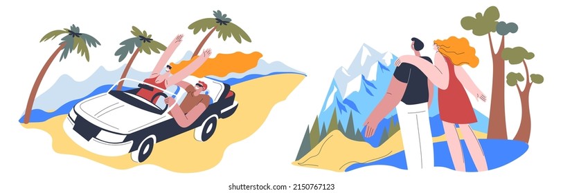 Holidays And Vacation Summertime Rest And Relaxation. People Traveling To Mountains And Coast. People Driving Car By Range And Palms. Hiking And Trekking Couple Looking. Vector In Flat Style