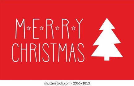 Holidays vector card with christmas tree and hand drawn Merry Christmas wish on red background