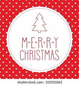 Holidays vector card with christmas tree and hand drawn Merry Christmas wishes on hearts red background