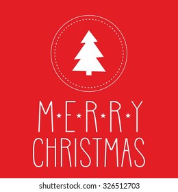 Holidays vector card with christmas tree and hand drawn Merry Christmas wish on red background