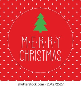 Holidays vector card with green christmas tree and hand drawn Merry Christmas wish on polka dots red background
