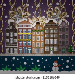 Holidays Vector illustration. Bright boxes. Greeting card. Cartoon Vector illustration. Happy New Year. Vintage style. Christmas tree with gifts.