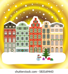 Holidays Vector illustration. Evening city winter landscape with snow cove houses and christmas tree.