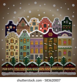 Holidays Vector illustration. Evening city winter landscape with snow cove houses and christmas tree.
