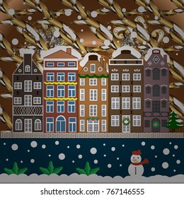 Holidays Vector illustration. Evening city winter landscape with snow cove houses and christmas tree.