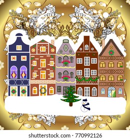 Holidays Vector illustration. Evening city winter landscape with snow cove houses and christmas tree.