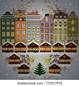 Holidays Vector illustration. Evening city winter landscape with snow cove houses and christmas tree.