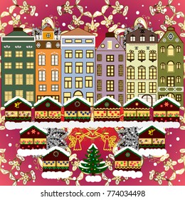 Holidays Vector illustration. Evening city winter landscape with snow cove houses and christmas tree.