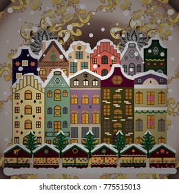 Holidays Vector illustration. Evening city winter landscape with snow cove houses and christmas tree.