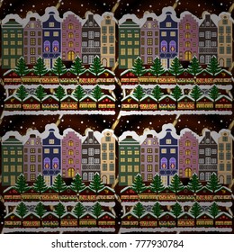 Holidays Vector illustration. Evening city winter landscape with snow cove houses and christmas tree.
