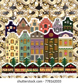 Holidays Vector illustration. Evening city winter landscape with snow cove houses and christmas tree.