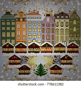 Holidays Vector illustration. Evening city winter landscape with snow cove houses and christmas tree.