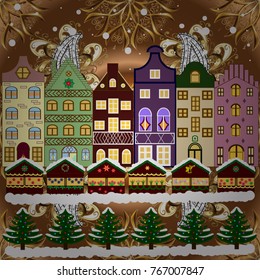 Holidays Vector illustration. Vector illustration. Winter city with trees, cute houses. Over a background. Nature landscape. Winter is coming. Landscape with nature and houses.