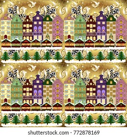 Holidays Vector illustration. Winter is coming. Winter city with trees, cute houses. Landscape with nature and houses. Vector illustration. Over a background. Nature landscape.